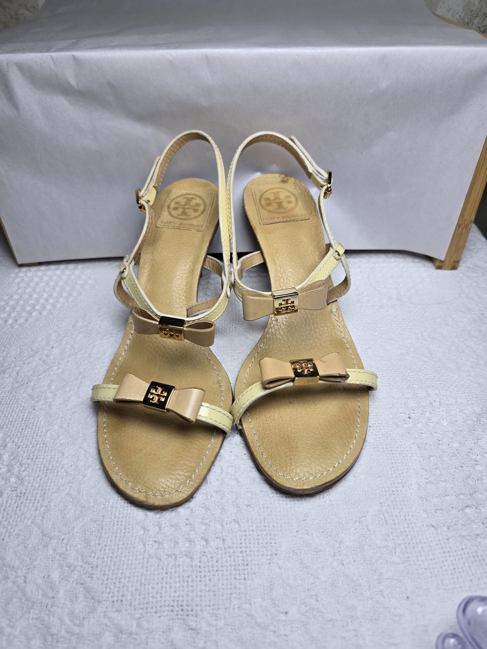 Tory Burch Bow Slingback Heeled Sandals Cream Beige Leather 8.5